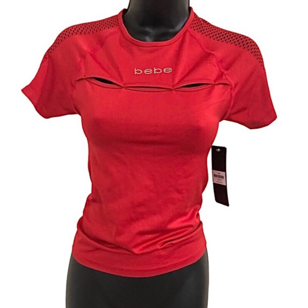 Bebe‎ red rhinestone logo cutout peek a boo mesh stretch scuba top size XS/S new